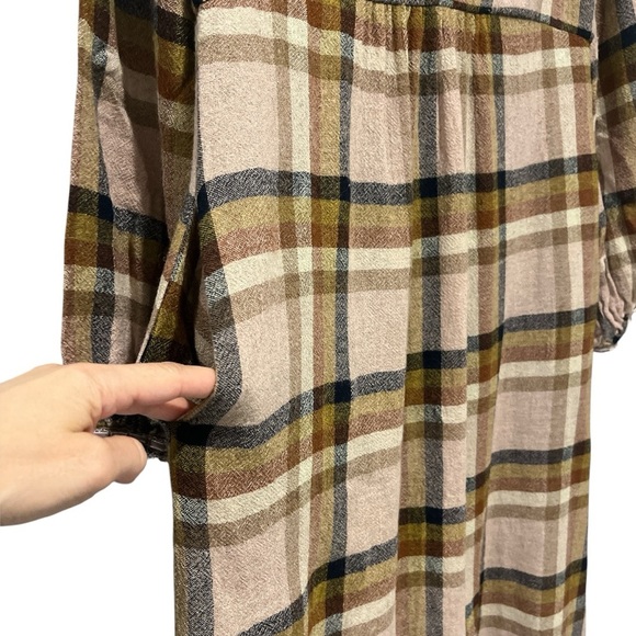 ZARA Check Tartan Plaid Print Pocket V-Neck Midi Dress Small Brown Blue - Picture 7 of 12